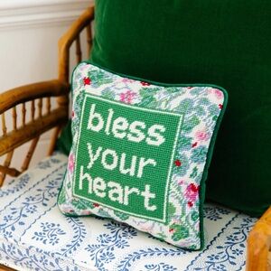 NEW Furbish Studio “Bless Your Heart” 10x10 Needlepoint Throw Pillow